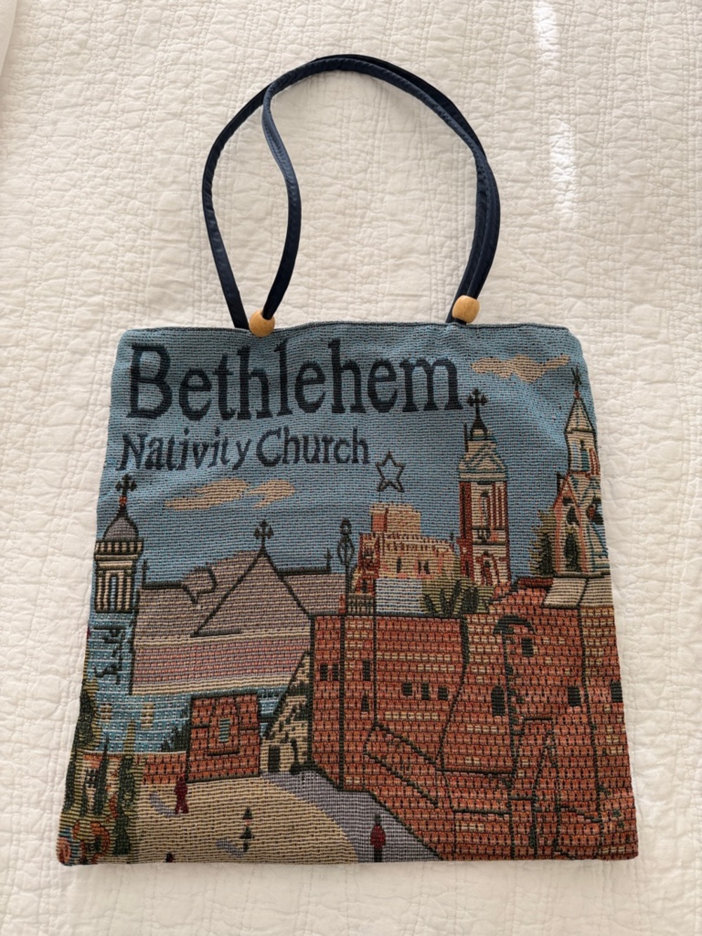 Bethlehem Nativity Church Tapestry Tote Bag in Blue